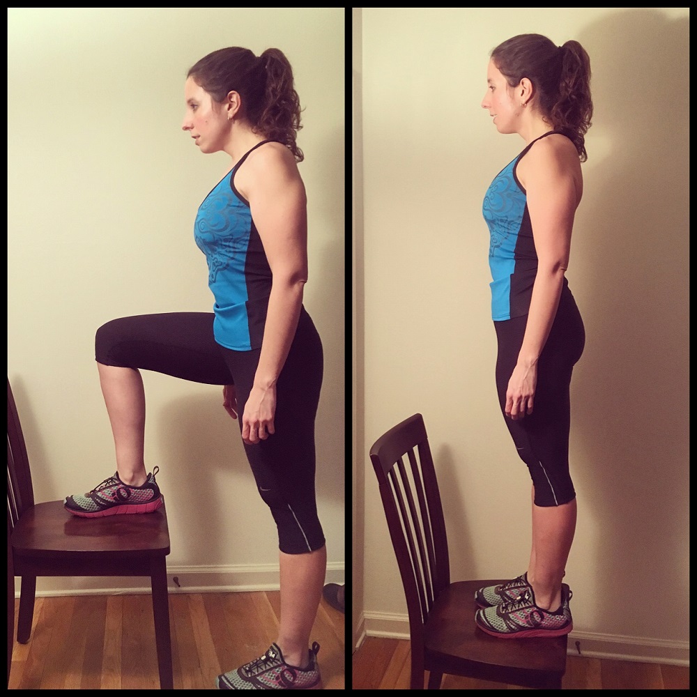 Step Ups - push off through the heel of the leg on the chair to bring the other leg up next to it