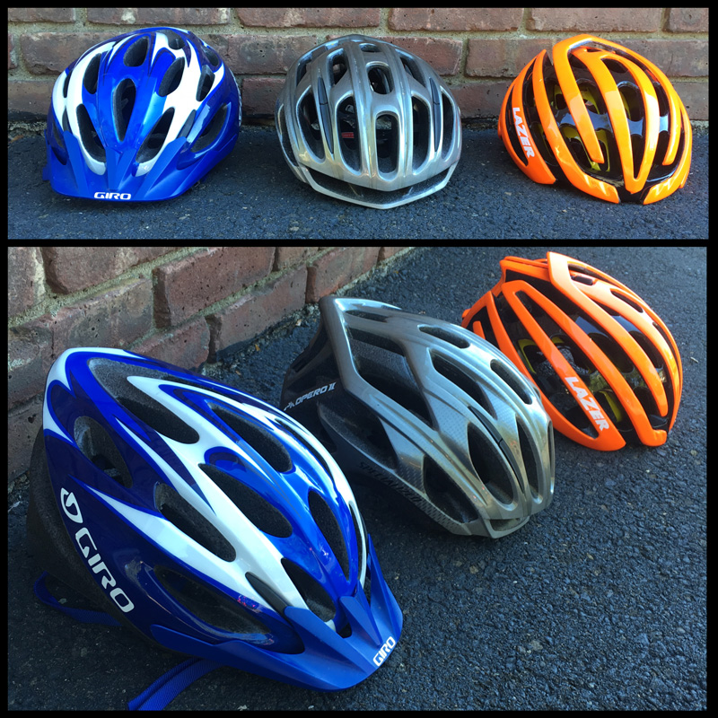 The evolution of my helmets over the years. From my original mountain bike helmet (far left) to my Propero (center) to my current Lazer MIPS helmet (right).